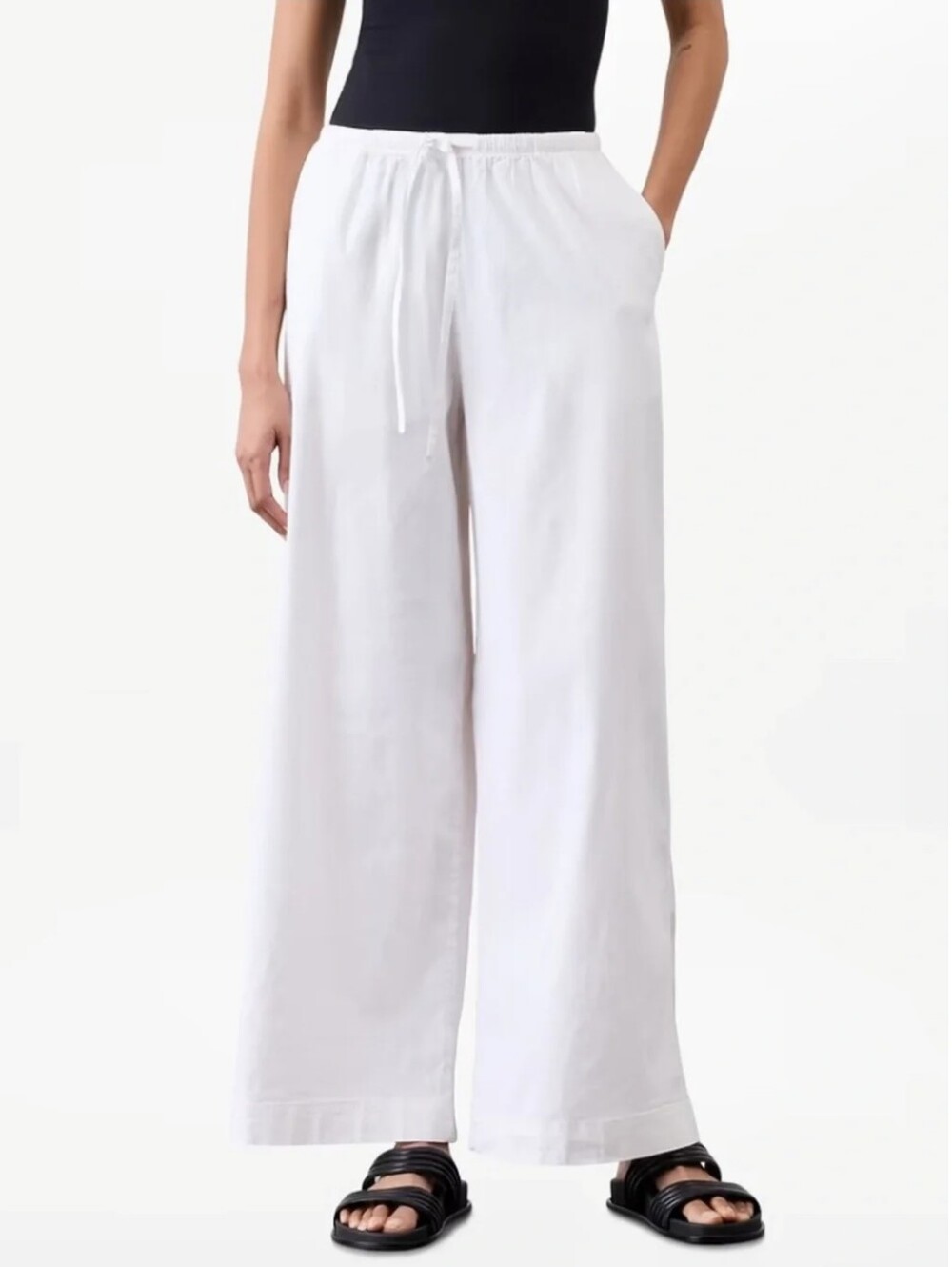 Athleta Paradise Mid Rise Wide Leg Linen Drawstring Pants S White Beach Casual